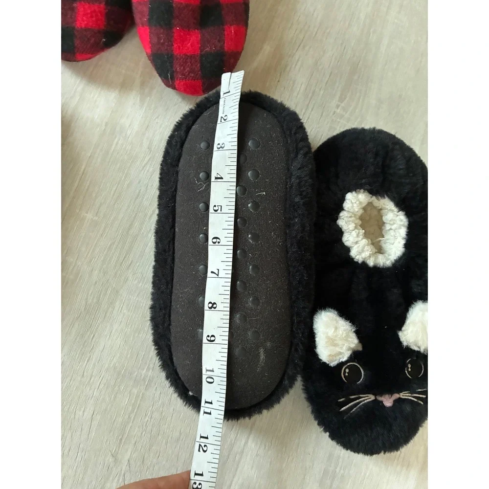 Old Navy Kids Slipper Bundle Cat Faux Fur Red White Buffalo Plaid 3 Pairs